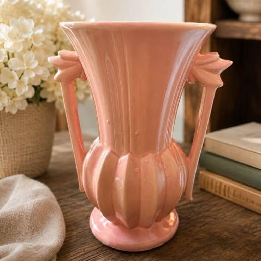 Vintage Pinkish Peach Ceramic Art Deco Style Vase with Ornate Handles